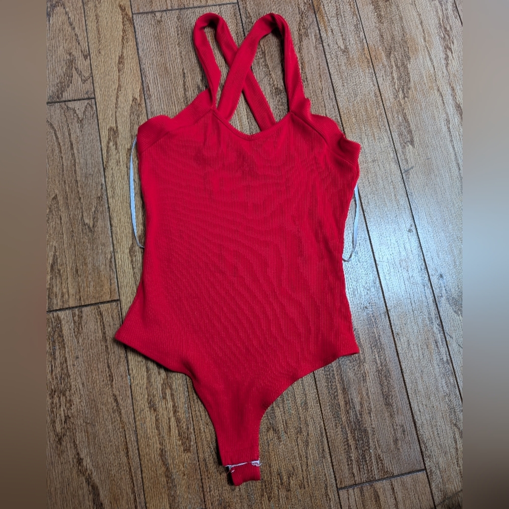 Lulus Red Cross Front Ribbed Bodysuit - Picture 2 of 4